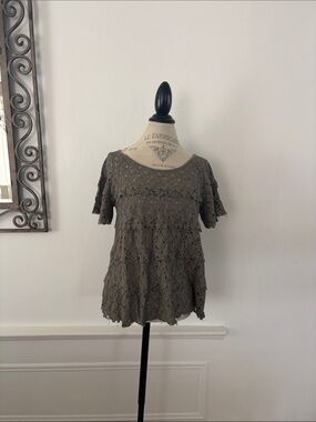 Crochet Lace Short Sleeve Blouse in Olive